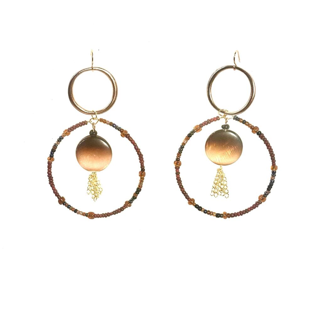 Handmade Glass Shell beaded Big Boho Hippie style Hoop Earrings 3 inch long